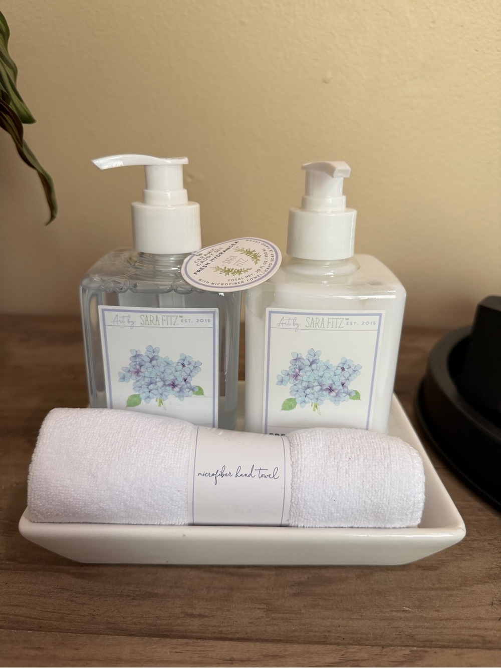 4 PCS.~ ART BY SARA FITZ “LAVENDER SAGE” HAND WASH, LOTION, TOWEL & CADDY